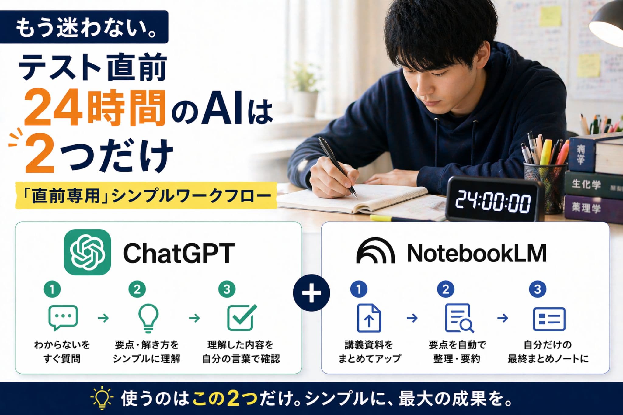 もう迷わない。テスト直前24時間のAIは2つだけ|ChatGPTとNotebookLMの「直前専用」ワークフロー